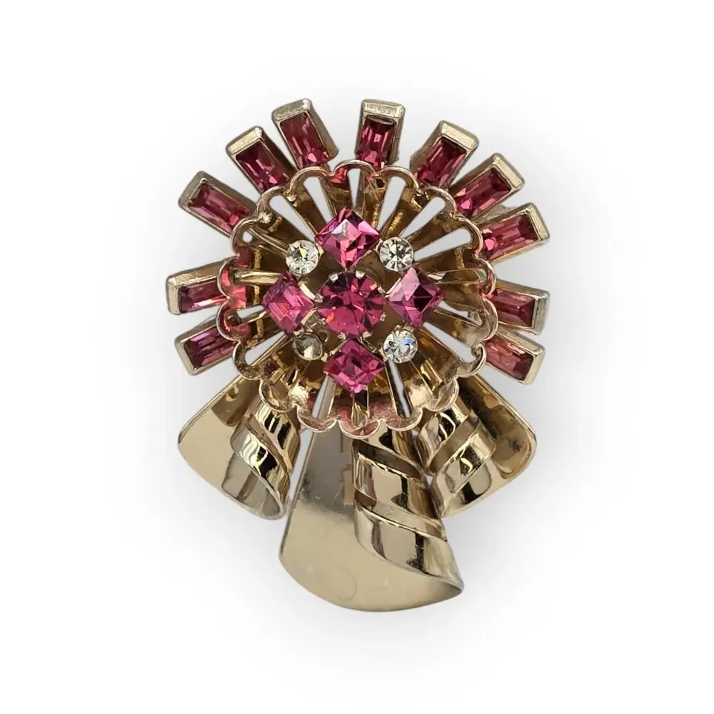 Pink Rhinestone Ribbon Bow Brooch Pendant Gold Tone Vintage Mid-Century Glamour